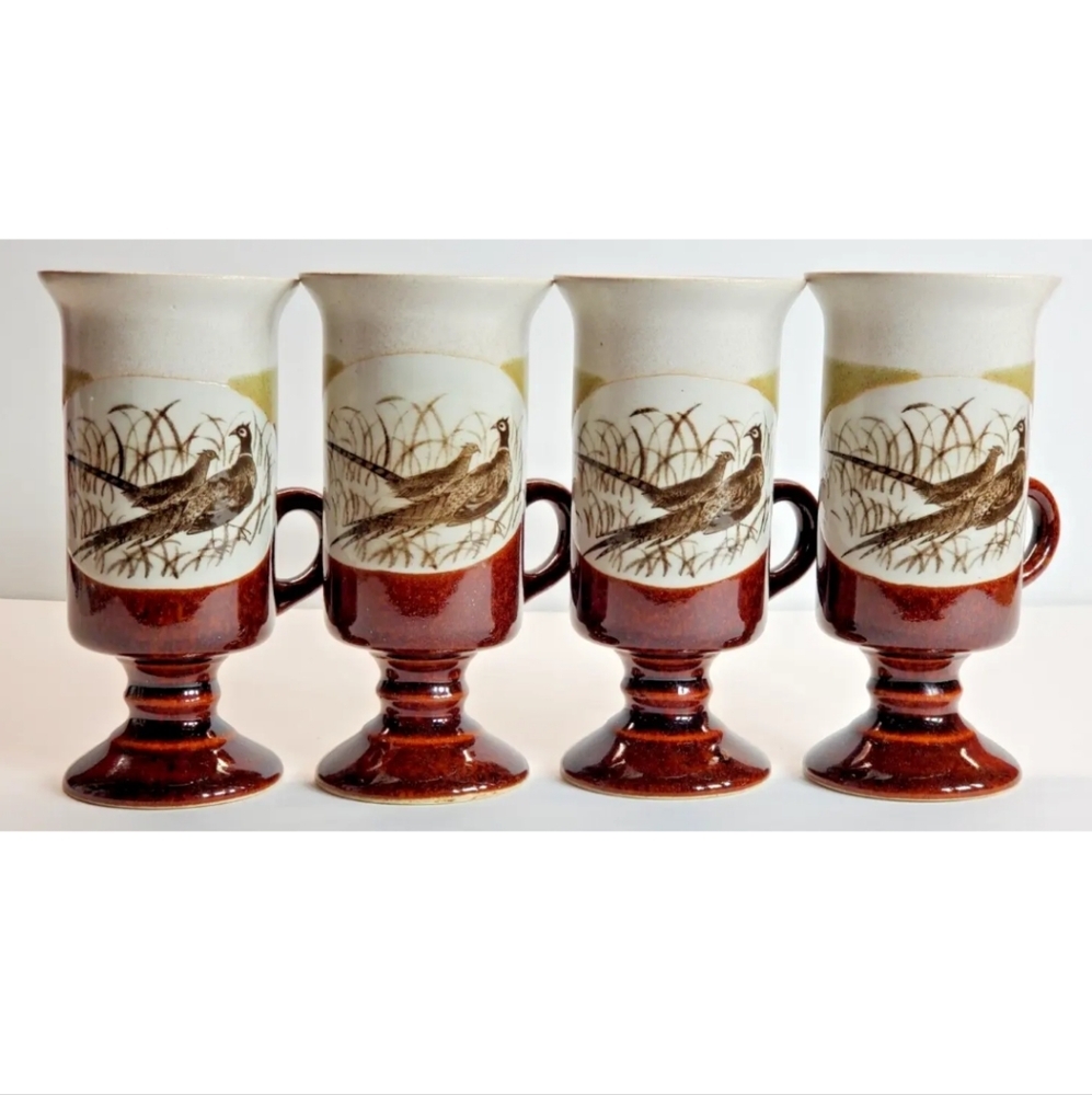 OTAGIRI  Pheasants Pedestal Irish Coffee Footed Mugs 6 oz Vintage set of 4